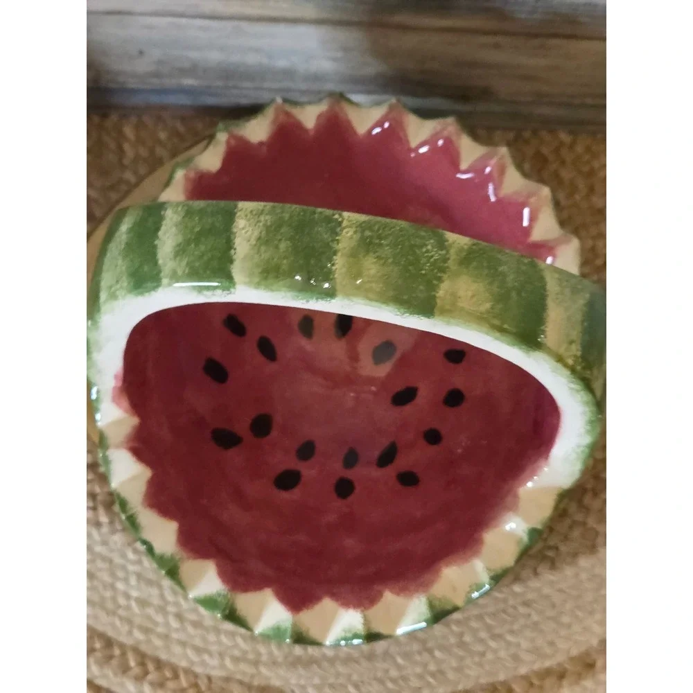 Vtg Watermelon Ceramic Basket Hand Painted Fruit Bowl Sawtooth Rim Summer Decor